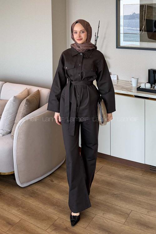 Lamelif Çıtçıtlı Gabardin Takım Koyu Kahverengi