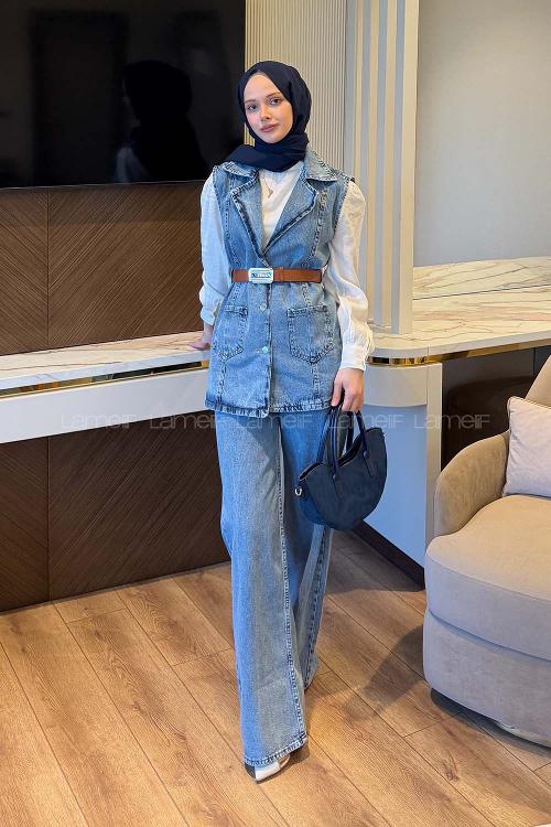 Lamelif Kemerli Yelek-Pantolon Takım Buz Mavisi