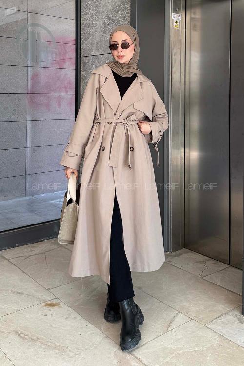 Lamelif Kol Kemerli Trençkot Vizonrengi