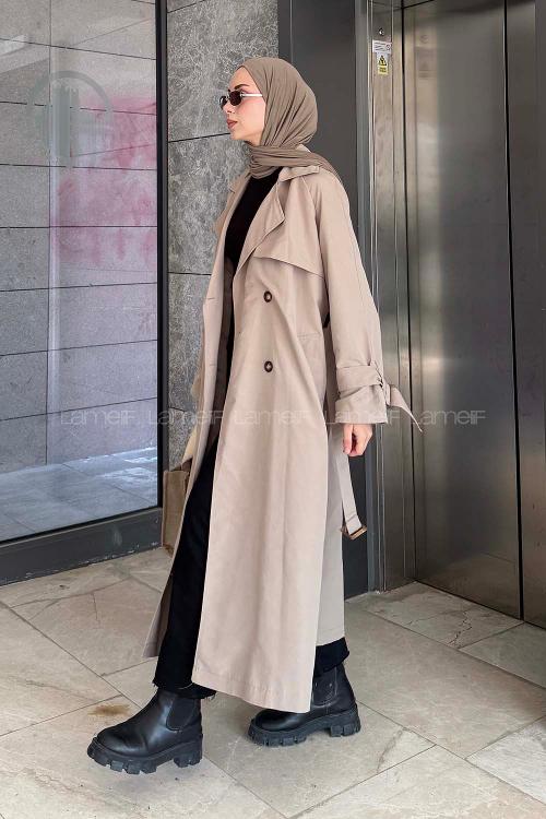 Lamelif Kol Kemerli Trençkot Vizonrengi