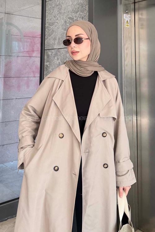 Lamelif Kol Kemerli Trençkot Vizonrengi