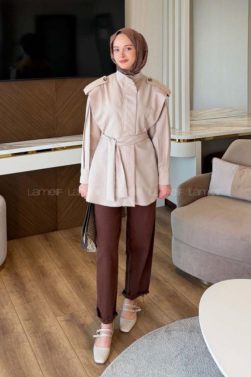 Lamelif Kol Pileli Omuz Apolelti Trenç Taş Rengi