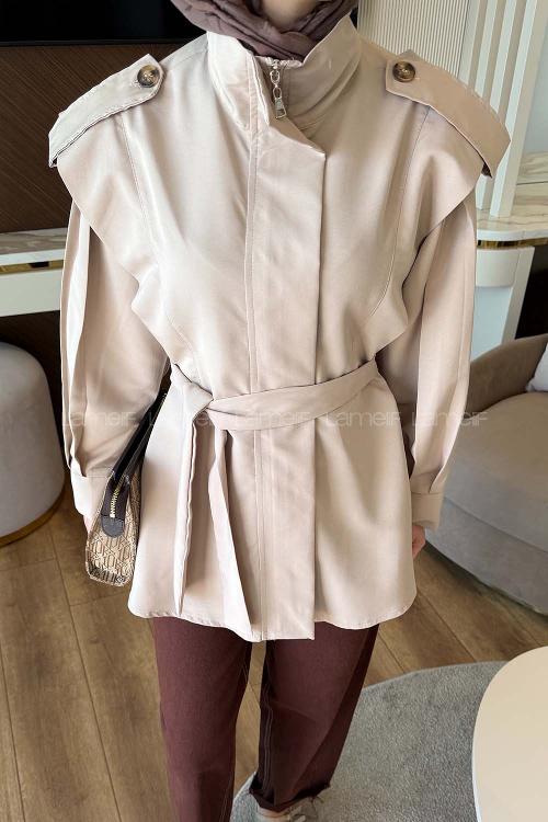 Lamelif Kol Pileli Omuz Apolelti Trenç Taş Rengi