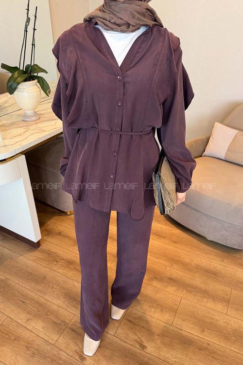 Plum Crew Neck Long Arm Oysho Regular Trousers Comfortable Suit