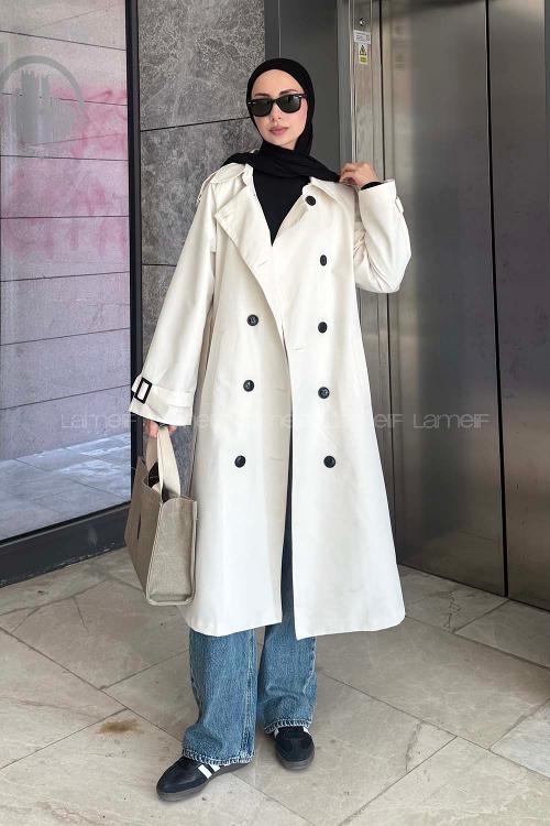 Lamelif Reglan Kol Düğmeli Trenç Krem