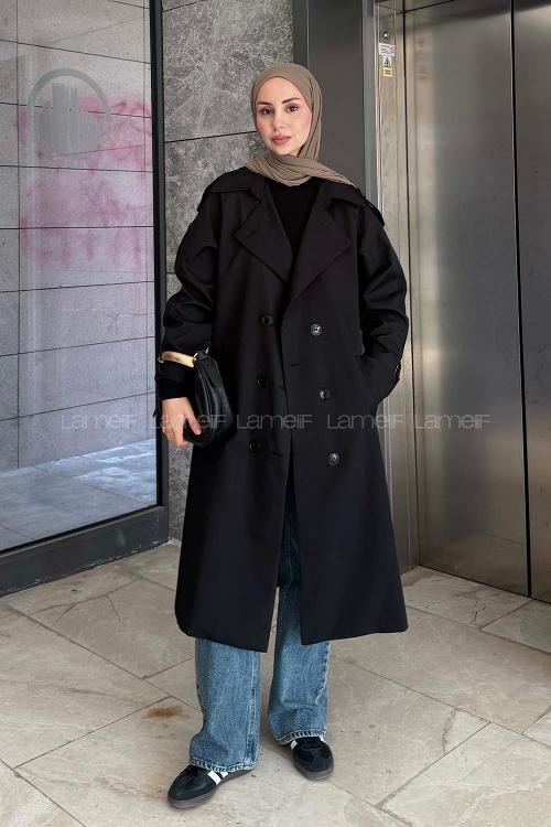 Lamelif Reglan Kol Düğmeli Trenç Siyah