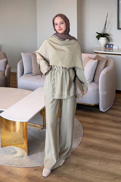 Lamelif Şallı Pantolon Takım Bej