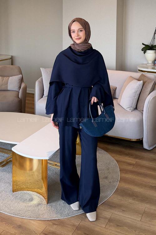 Lamelif Şallı Pantolon Takım Lacivert