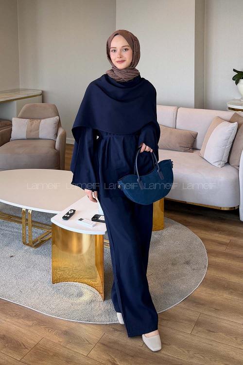 Lamelif Şallı Pantolon Takım Lacivert