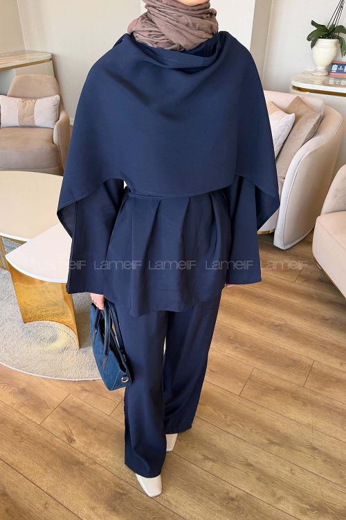 Lamelif Şallı Pantolon Takım Lacivert