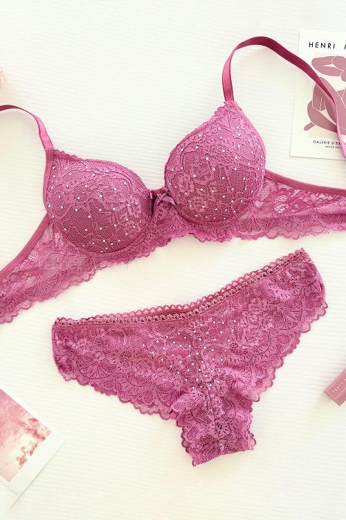 Lamelif Taşlı Dantelli Destekli Sütyen Takım