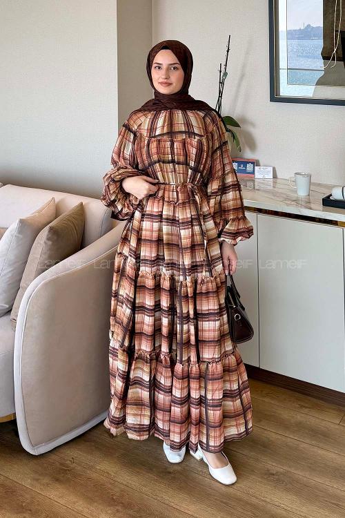 Lamelif Balon Kol Katlı Elbise Ekose Kahve