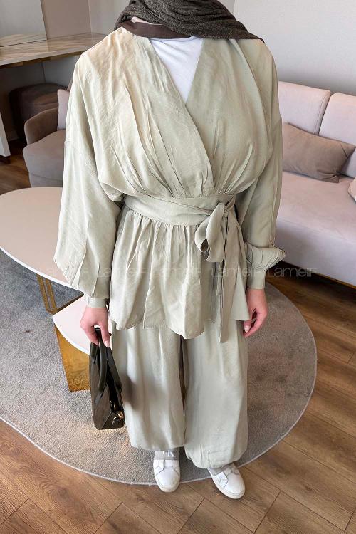 Lamelif Bel Bağlama Detaylı Şalvar Takım Küf Yeşili