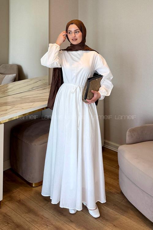 Lamelif Bel Büzgülü Elbise Beyaz