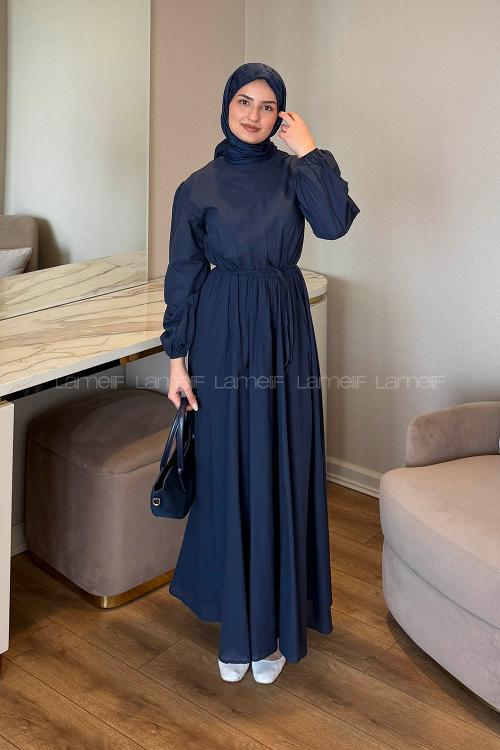 Lamelif Bel Büzgülü Elbise Lacivert