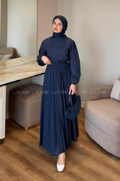 Lamelif Bel Büzgülü Elbise Lacivert