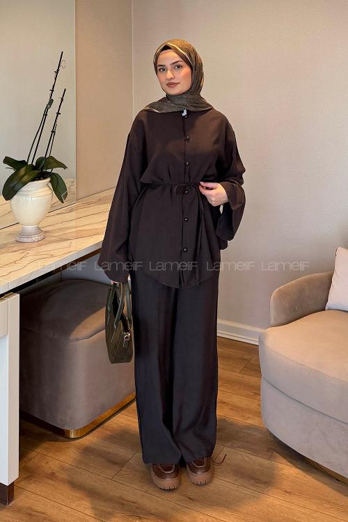 Lamelif Birit Düğme Detaylı Pantolonlu Takım Acı Kahve