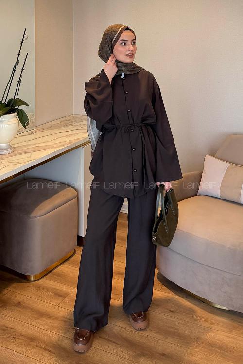 Lamelif Birit Düğme Detaylı Pantolonlu Takım Acı Kahve