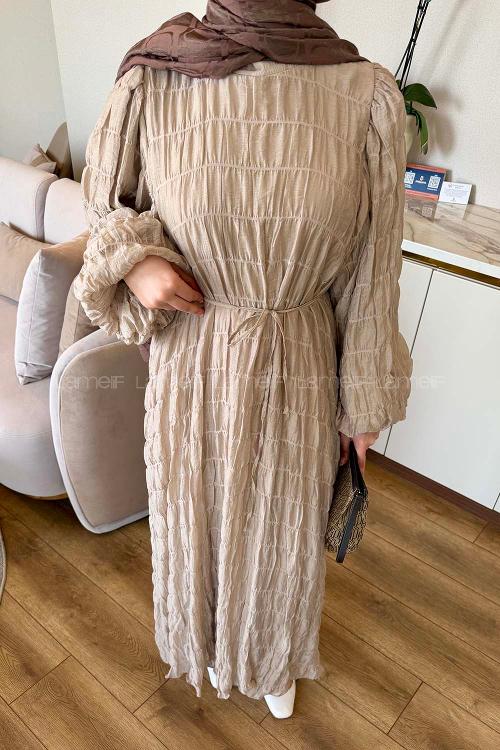 Lamelif Gipeli Modal Tesettür Elbise Bej