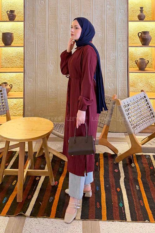 Lamelif Arka Roba Büzgü Detaylı Elbise Bordo