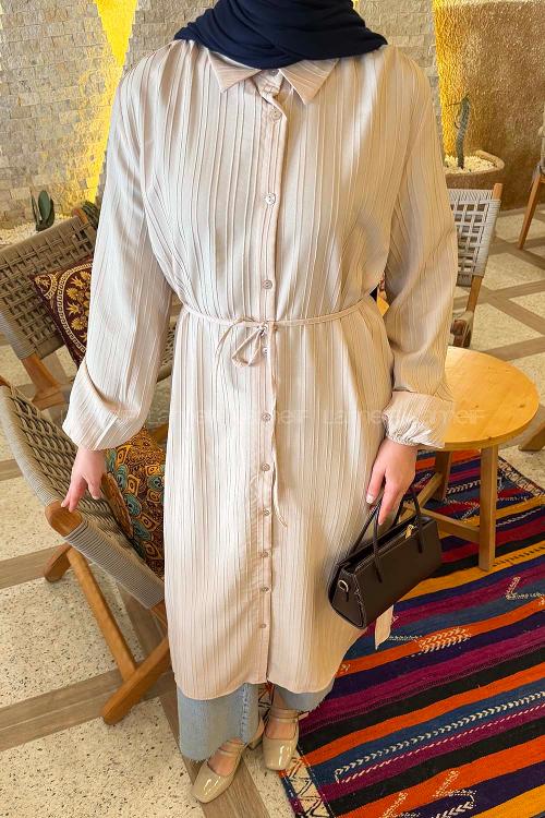 Lamelif Arka Roba Büzgü Detaylı Elbise Taş Rengi