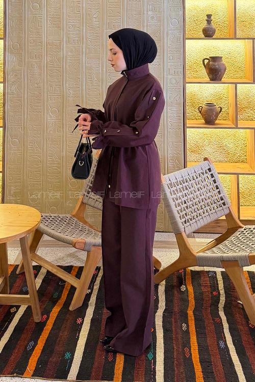 Lamelif Bağlama Detaylı Etekli Takım Mürdüm