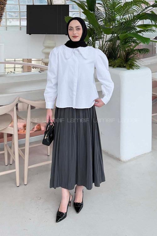 White Peter Pan Collar Long Arm Viscose Fabric Shirt