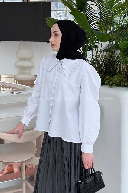 White Peter Pan Collar Long Arm Viscose Fabric Shirt