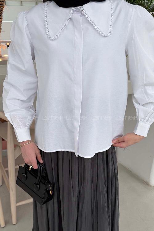 White Peter Pan Collar Long Arm Viscose Fabric Shirt