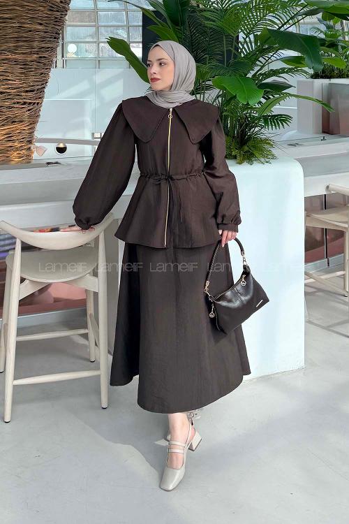 Bitter Brown Peter Pan Collar Long Arm Ayrobin Straight Skirt Suit