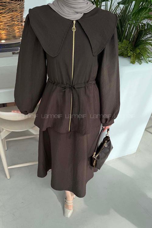 Bitter Brown Peter Pan Collar Long Arm Ayrobin Straight Skirt Suit