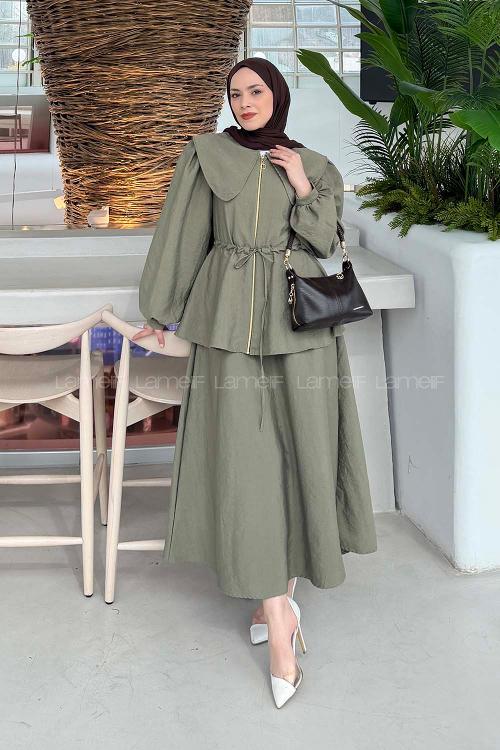 Army Green Peter Pan Collar Long Arm Ayrobin Straight Skirt Suit