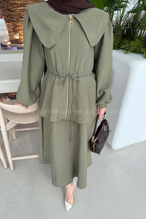 Army Green Peter Pan Collar Long Arm Ayrobin Straight Skirt Suit