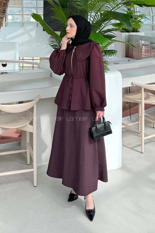 Lamelif Bebe Yaka Fermuarlı Takım Mürdüm