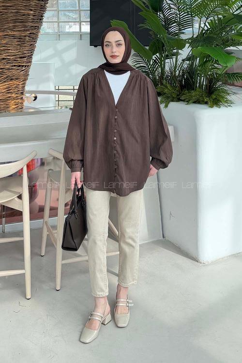 Bitter Brown V Neck Long Arm Suede Shirt