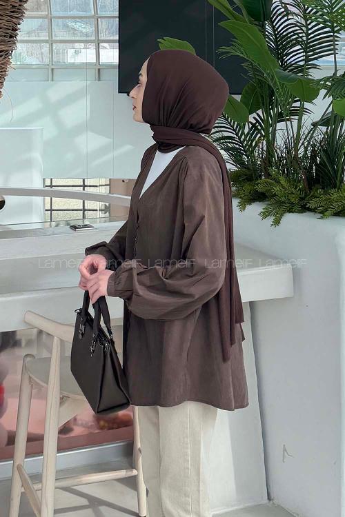 Bitter Brown V Neck Long Arm Suede Shirt