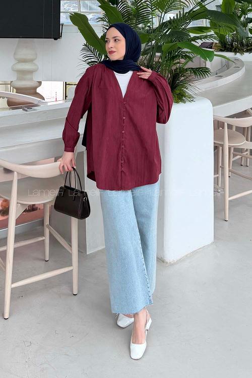 Claret Red V Neck Long Arm Suede Shirt