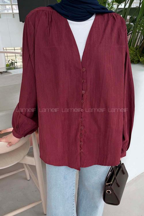 Claret Red V Neck Long Arm Suede Shirt