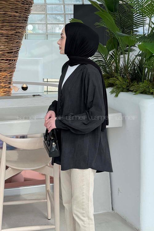 Lamelif Brit düğmeli V Yaka Gömlek Siyah