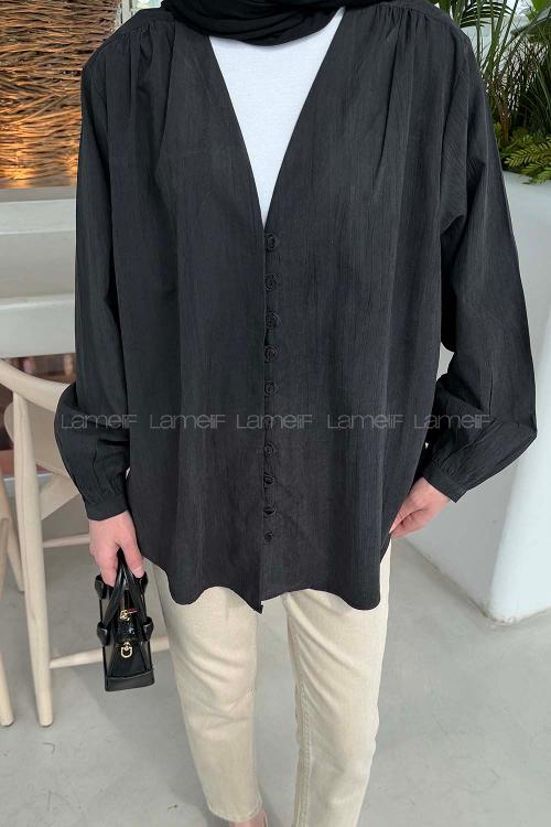 Lamelif Brit düğmeli V Yaka Gömlek Siyah