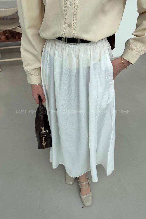 Lamelif Cep Detaylı Etek Ekru