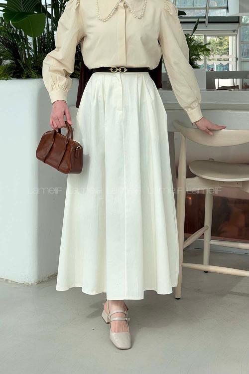 Lamelif Cep Detaylı Kloş Keten Etek Krem