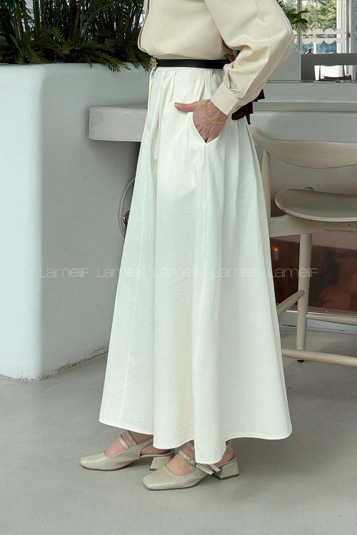 Lamelif Cep Detaylı Kloş Keten Etek Krem