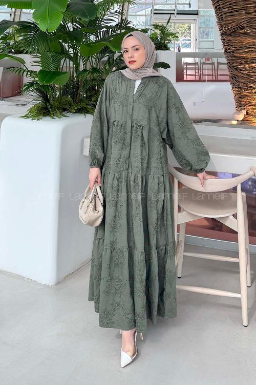 Lamelif Çiçek Desenli Elbise Haki