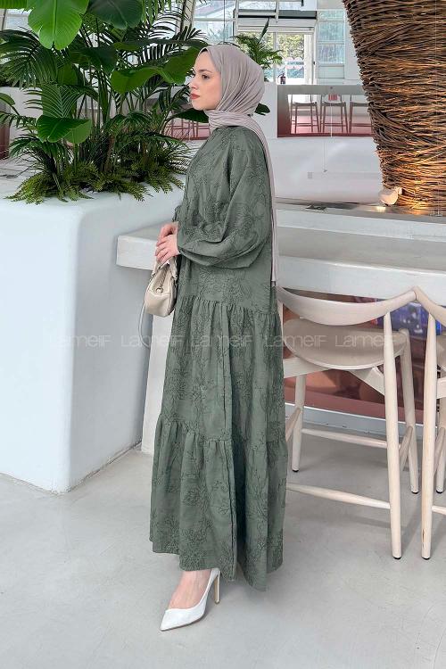 Lamelif Çiçek Desenli Elbise Haki