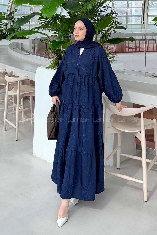 Lamelif Çiçek Desenli Elbise Lacivert