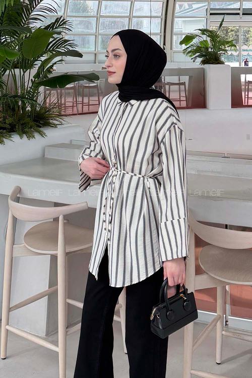 Cream Shirt Collar Long Arm Cotton Unprinted Shirt