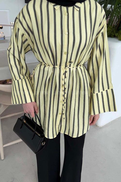 Lamelif Çizgili Bağlamalı Gömlek Sarı