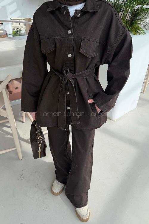 Lamelif Denim Kuşaklı Ceket-Pantolon İkili Takım Koyu Kahverengi