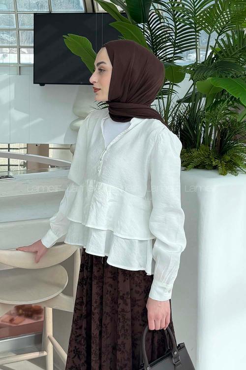 Lamelif Fırfırlı Bluz Ekru